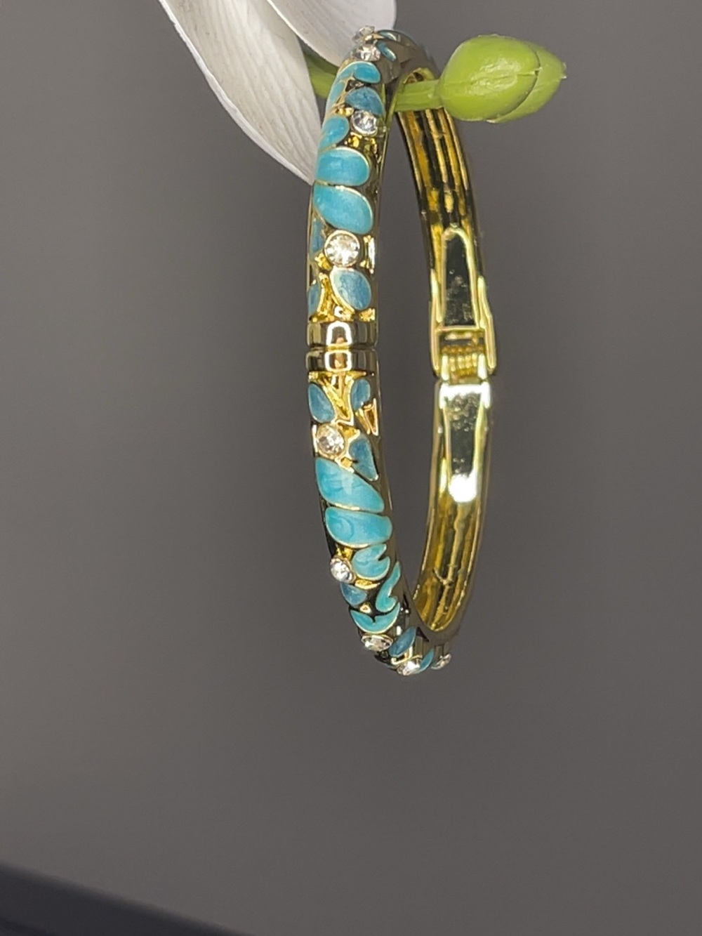 Gold-Tone Turquoise Crystal Hinged Bangle Bracelet
